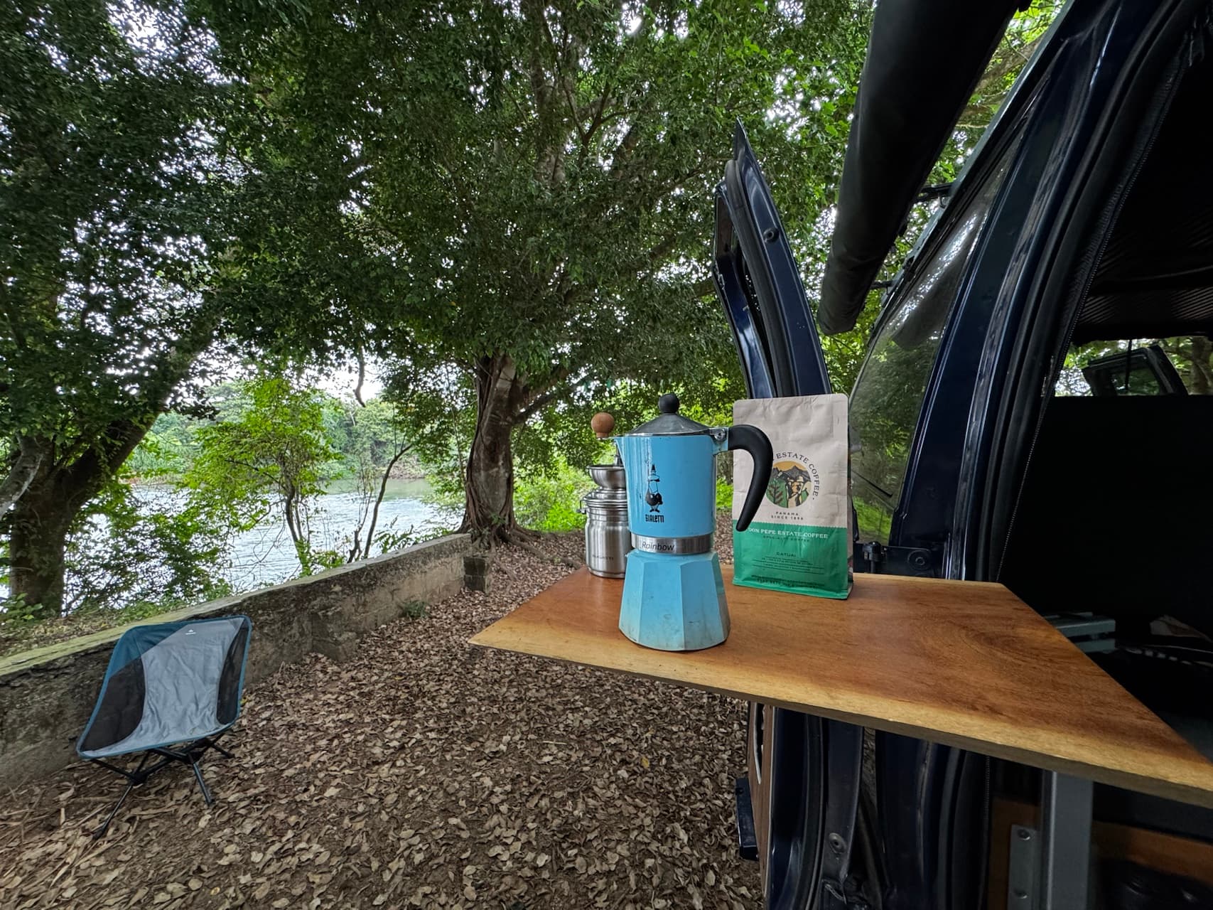 Van life adventure with coffee setup in nature
